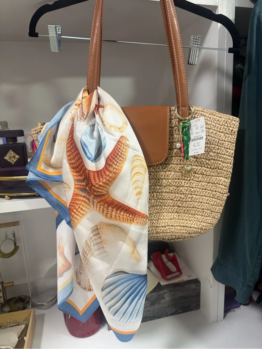 J.Crew NWT Raffia Tote w/ Nautical Shell & Coral Charm 🐚🪸 Coastal Resort Beach B